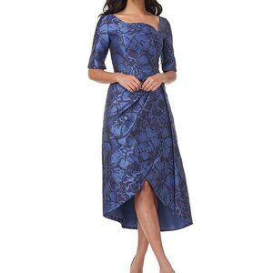 Kay Unger Blue Asymmetrical Neck Tallulah Floral Jacquard Midi Dress